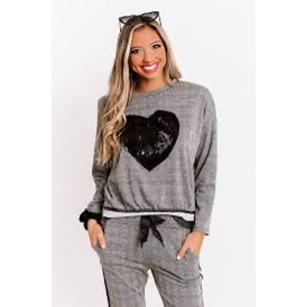 Towne Gray Plaid Sweatshirt with Black Sequin Heart, Size M (23” PTP)